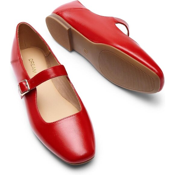 Dream Pairs Women's Red Faux Leather Square Toe Buckle Strap Slip-OnBallet Flats - Picture 3 of 8